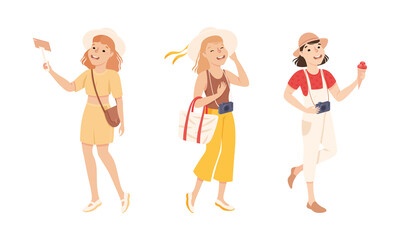 Happy young woman travelling on summer vacation set. Smiling girl tourists with cameras cartoon vector illustration