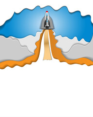 papercut postcard .rocket launch on the background of the sky and clouds from kopi space. vector illustration