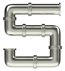 Number 5 made of steel pipes, isolated on white, 3d rendering