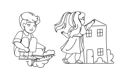 Children Drawing With Chalk Togetherness Vector. Boy Drawing Airplane On Floor And Girl Draw House Picture On Wall. Characters Kids Creativity Leisure And Funny Time black line illustration