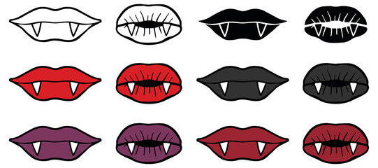 Vampire Lips with Fangs Vector Clipart Set - Outline, Stamp and Color