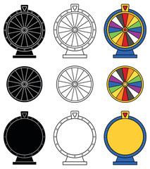 16 Segment Game Spin Wheel Clipart Set - Outline, Silhouette and Color