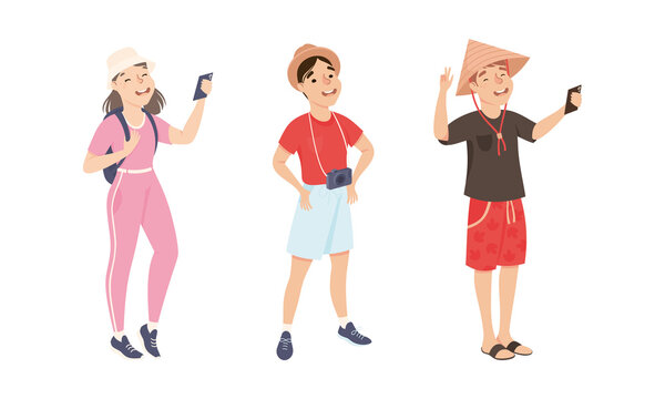 Happy people travelling on vacation set. Smiling tourists making selfie while sightseeing cartoon vector illustration