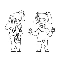 kid easter vector. kid boy girl, hunt egg, bunny rabbit costume kid easter character. people black line pencil drawing vector illustration