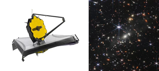 Foto auf Glas James-Webb-Weltraumteleskop, das Galaxien betrachtet. Webbs erstes Deep Field. Astronomische Wissenschaft. Diese Bildelemente wurden von der NASA bereitgestellt © ytemha34