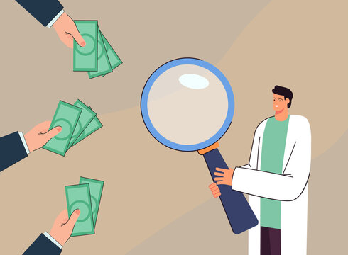 Hands offering money to doctor with big magnifying glass. Sponsors investing in healthcare or paying to medical professional flat vector illustration. Investment, medicine, finances, success concept