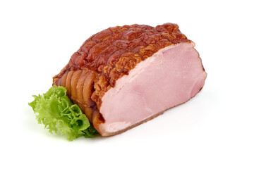 Sliced smoked pork loin, isolated on white background.