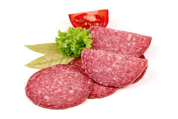 Dried Italian sausage, Salami Napoli, isolated on white background. High resolution image.