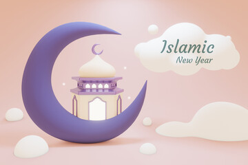 1444 Hijri Islamic new year. Happy Muharram. Muslim community festival Eid al ul Adha Mubarak greeting card with 3d crescent moon and mosque. Template for menu, invitation, poster, banner, card