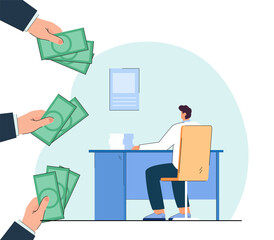 Hands of people offering banknotes to office worker. Hands with cash, back view of man sitting in front of stack of paper flat vector illustration. Business, finances, qualification concept for banner