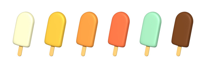 Set, collection of colorful 3D rendering ice cream, popsicles illustrations, icons isolated on white background. 
