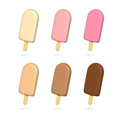 Set, collection of colorful 3D rendering ice cream, popsicles illustrations, icons isolated on white background. 
