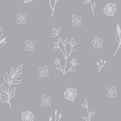 Leaves and flowers seamless pattern. Doodle nature elements background texture. Botanical design.
