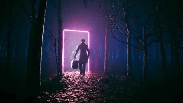Fantasy scene. A man with a suitcase passed through the neon portal in the wood.