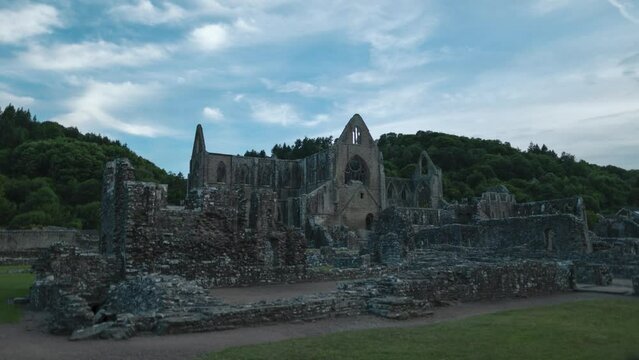 Time lapse of clouds over ancient ruins of Tintern Abbey, Wales, UK