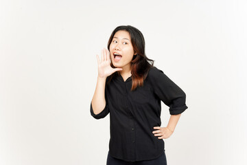 Announcement with hands over mouth of Beautiful Asian Woman Isolated On White Background