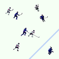 Vector drawing of a hockey game between two teams in dark blue and white uniforms on a light background