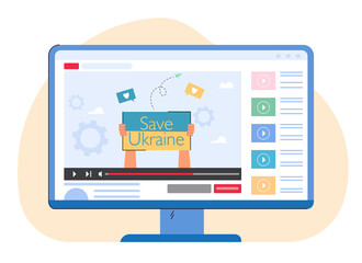 Website page with supportive video about Ukraine. Hands holding save Ukraine banner on computer screen flat vector illustration. War, social media, internet concept for banner or landing web page