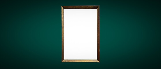Antique art fair gallery frame on royal green wall at auction house or museum exhibition, blank...