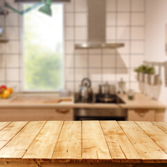 Wooden table of free space and kitchen interior. 