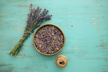 Lavender flowers on vintage turquoise wooden background