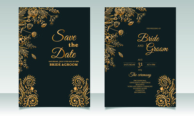 Beautiful floral golden wedding invitation card design templates