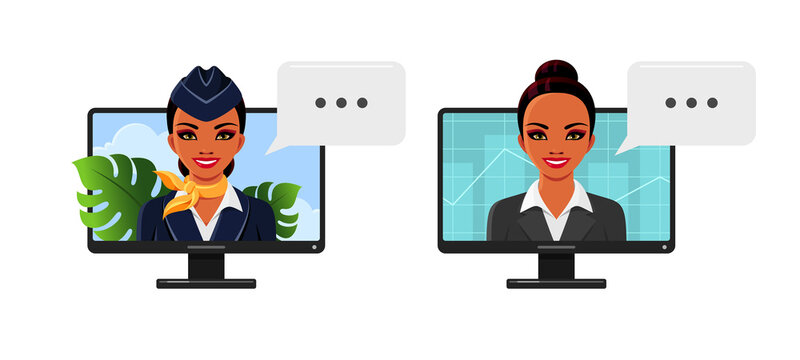 Indian girls portraits, stewardess and business woman on computer screen. Vector cartoon set of female characters, air hostess in uniform and businesswoman, trader, manager or realtor with graph