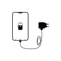 Smartphone icon and illustration charging. The battery indicator in the smartphone, there is a charger cable. White background.