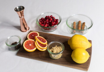 Ingredients for fall cocktails on white background