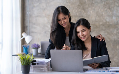 Portraits of two businesswomen consulting on their project while working in office room, Two Businesswomen Working On Computer In Office