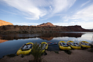 A row of rafts beached in the Grand Canyon