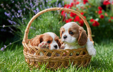 two little cute cavalier king charles spaniel puppies are sitting in a wicker basket