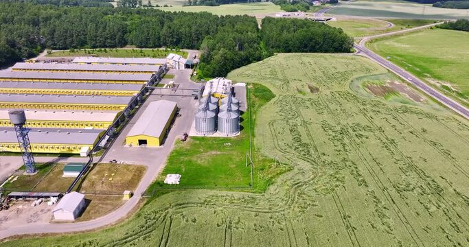 aerial circular flight around silos and agro-industrial livestock complex on agro-processing and manufacturing plant with modern granary elevator. chicken farm. rows of chicken coop