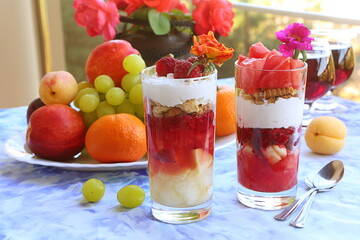 Summer desserts with fruits and yogurt