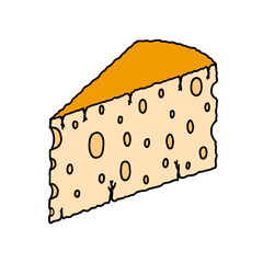 Triangular piece of fresh cheese with holes in the doodle style. Hand Drawn. Freehand drawing.	