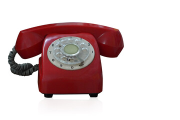 front view antique red and white telephone on white background, object, vintage, retro, decor, copy space