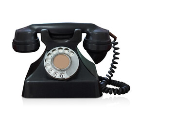 front view old black and white telephone on white background, object, vintage, retro, decor, copy space