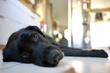 black labrador retriever dog exhausted by the heat lying on the white tile of a kitchen in summer