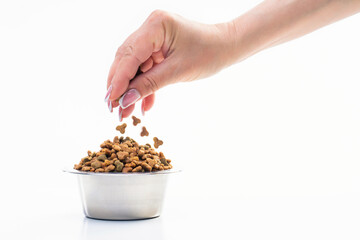 Dry pet food and a woman's hand, pouring food into a plate
