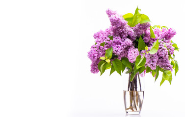 Transparent glass vase with flowers. Branches of lush lilac isolated on white background.