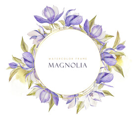 Watercolor magnolia flower blossom frame with gold for wedding, baby shower invitation