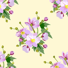 Anemone japanese, anemone, vector seamless cartoon drawing of a bouquet of pink flowers with buds and leaves isolated on a yellow background, floral pattern for wallpaper design, fabric, scarf, hijab