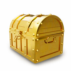 Treasure chest made of gold. Antique chest made of wood and metal, painted gold. Antique padlock locks the treasure chest. on a white background with clipping path. 3D rendering