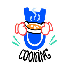 A woman holds a hot pie in her hands, in kitchen gloves, potholders. Apron, hand drawn inscription. Vector illustration of cooking in doodle flat cartoon style.