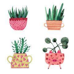 Watercolor set with cute potted plants. Illustration. Flowers. Nature. Collection. Leaves. Natural. Flora. Ecology. Green color. Plain. Botanical. Beautiful. Succulents. Handmade work.