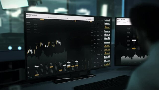 Trader examines the digital money cost graph on the cryptocurrency market. Trader chooses the strategy to invest into the cryptocurrency market. Trading the cryptocurrency coins on the virtual market