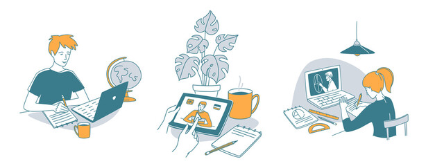 Young man at the desk is learning online.