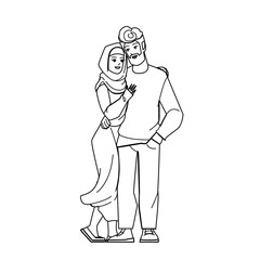 muslim couple vector. arab man woman, hijab, family young wife husband muslim couple character. people black line pencil drawing vector illustration
