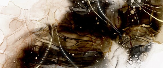 Dark black abstract alcohol ink background with watercolour brush stroke, bright golden veins, creative hand painted art, contrast kintsugi paths, wallpaper for print