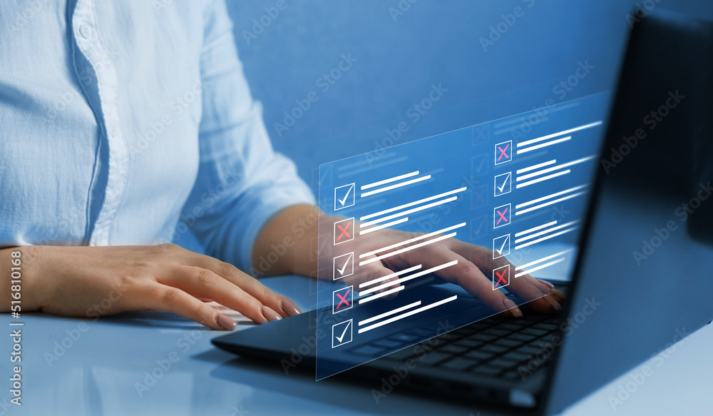 Poster Survey form concept. Check marks on checklist and Filling online form or answering questions. Customer Experiences and satisfaction concept.